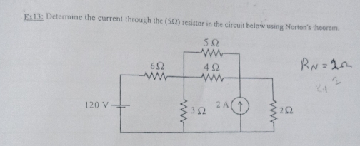 Ex13: Determine the current through the (5Ω) resistor in the circuit below using Norton's theorem