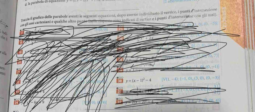la parabola di equazione y=(vs-/2)
[2 aftermæz10 
Taccia il grafico delle parabole aventi le seguenti equazioni, dopo averne individuato il vertice, i punti d'intersezione 
con gli assi cartesiani e qualche altro punto sono indicati il vertice e i punti d'intersezione con gli assi). 
0) (0,-5)]
,indi 
che il 
2 
e alla 
nen. 
enti 
6 
30 y=(x-1)^2-4 [V(1,-4);(-1,0),(3,0),(0,-3)]
54
− 6 19
