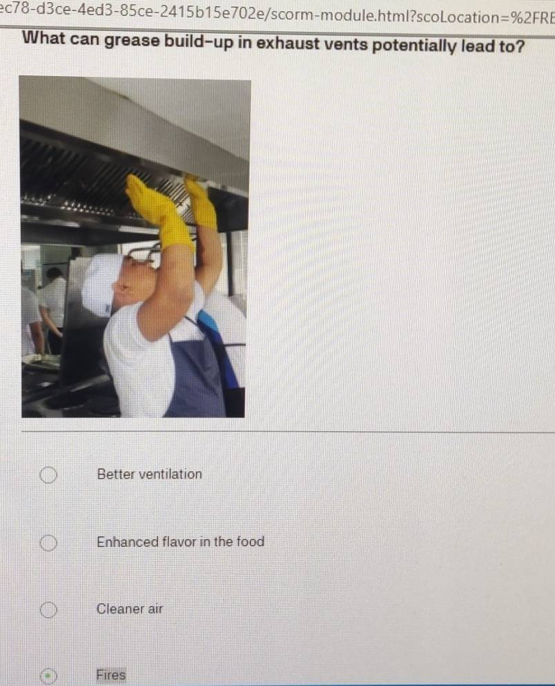 ec78-d3ce-4ed3-85ce-2415b15e702e/scorm-module.html?scoLocation =% 2FRE 
What can grease build-up in exhaust vents potentially lead to?
Better ventilation
Enhanced flavor in the food
Cleaner air
Fires