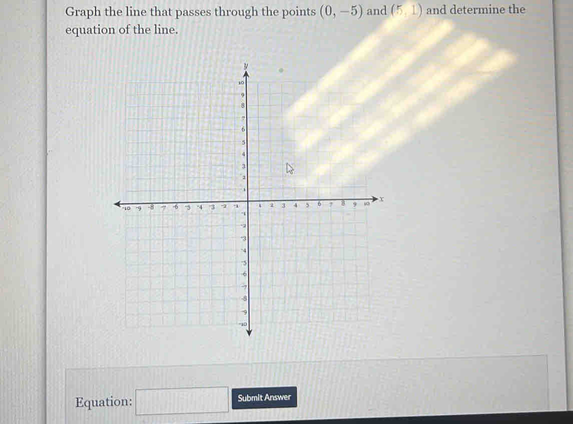 Graph the line that passes through the points (0,-5) and (5,1) and determine the 
equation of the line. 
Equation: □ Submit Answer