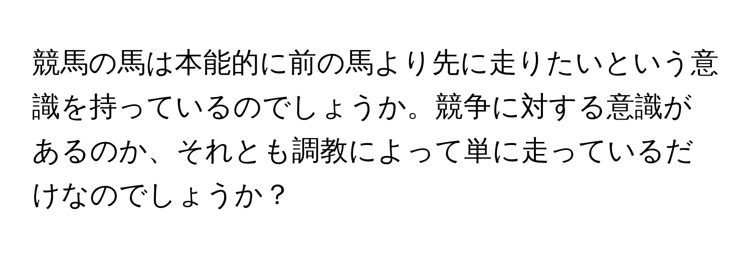 競馬の馬は本能的に前の馬より先に走りたいという意識を持っているのでしょうか。競争に対する意識があるのか、それとも調教によって単に走っているだけなのでしょうか？