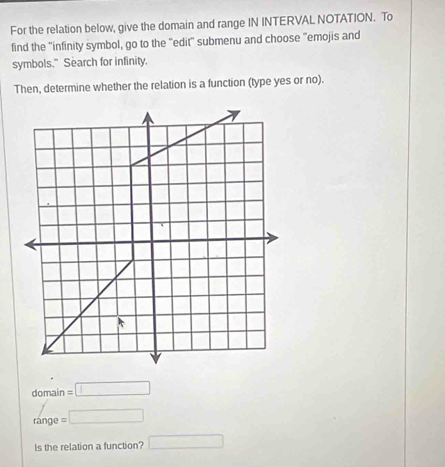 For the relation below, give the domain and range IN INTERVAL NOTATION. To 
find the 'infinity symbol, go to the ''edit' submenu and choose 'emojis and 
symbols." Search for infinity. 
Then, determine whether the relation is a function (type yes or no).
domain=□
range=□
Is the relation a function? □