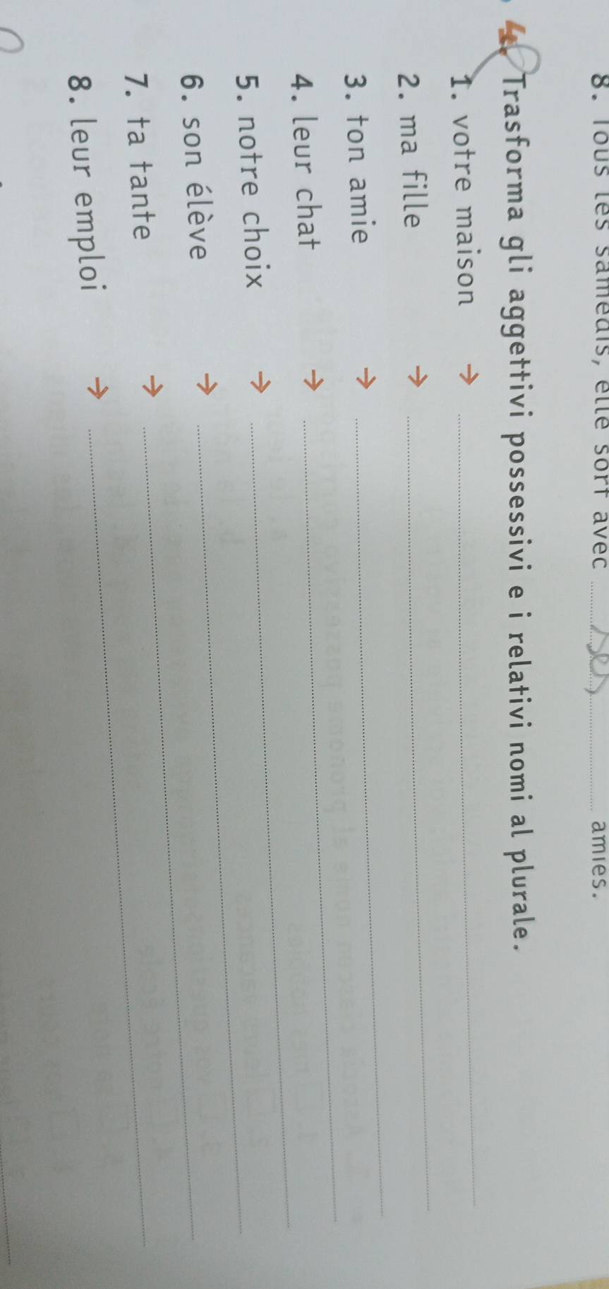 Tous les sameais, ette sorf avec _amies. 
Trasforma gli aggettivi possessivi e i relativi nomi al plurale. 
1. votre maison 
_ 
_ 
_ 
2. ma fille 
3. ton amie 
4. leur chat 
_ 
5. notre choix_ 
_ 
6. son élève 
7. ta tante 
_ 
8. leur emploi 
_