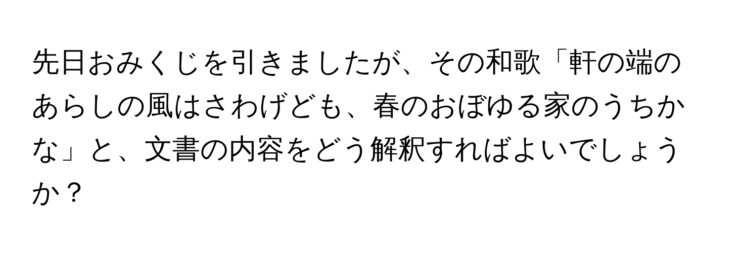 先日おみくじを引きましたが、その和歌「軒の端のあらしの風はさわげども、春のおぼゆる家のうちかな」と、文書の内容をどう解釈すればよいでしょうか？