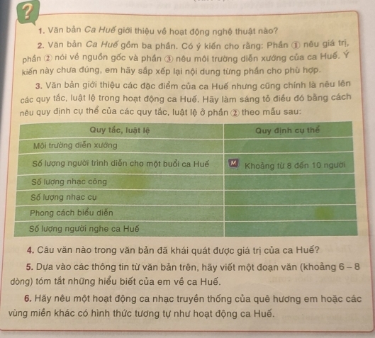 ? 
1. Văn bản Ca Huế giới thiệu về hoạt động nghệ thuật nào? 
2. Văn bản Ca Huế gồm ba phần. Có ý kiến cho rằng: Phần ① nêu giá trị, 
phần ② nói về nguồn gốc và phần ③ nêu môi trường diễn xướng của ca Huế. Ý 
kiến này chưa đúng, em hãy sắp xếp lại nội dung từng phần cho phù hợp. 
3. Văn bản giới thiệu các đặc điểm của ca Huế nhưng cũng chính là nêu lên 
các quy tắc, luật lệ trong hoạt động ca Huế. Hãy làm sáng tỏ điều đó bằng cách 
nêu quy định cụ thể của các quy tắc, luật lệ ở phần ② theo mẫu sau: 
4. Câu văn nào trong văn bản đã khái quát được giá trị của ca Huế? 
5. Dựa vào các thông tin từ văn bản trên, hãy viết một đoạn văn (khoảng 6-8
dòng) tóm tắt những hiểu biết của em về ca Huế. 
6. Hãy nêu một hoạt động ca nhạc truyền thống của quê hương em hoặc các 
vùng miền khác có hình thức tương tự như hoạt động ca Huế.