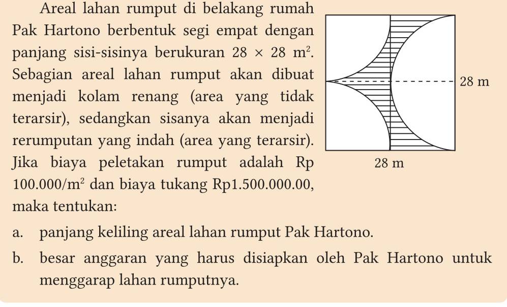 Areal lahan rumput di belakang rumah 
Pak Hartono berbentuk segi empat dengan 
panjang sisi-sisinya berukuran 28* 28m^2. 
Sebagian areal lahan rumput akan dibuat 
menjadi kolam renang (area yang tidak 
terarsir), sedangkan sisanya akan menjadi 
rerumputan yang indah (area yang terarsir). 
Jika biaya peletakan rumput adalah Rp
100.000/m^2 dan biaya tukang Rp1.500.000.00, 
maka tentukan: 
a. panjang keliling areal lahan rumput Pak Hartono. 
b. besar anggaran yang harus disiapkan oleh Pak Hartono untuk 
menggarap lahan rumputnya.