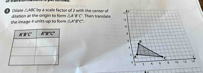 oftransior
Dilate △ ABC by a scale factor of 2 with the center of 
dilation at the origin to form △ A'B'C'. Then translate
the image 4 units up to form △ A''B''C''.