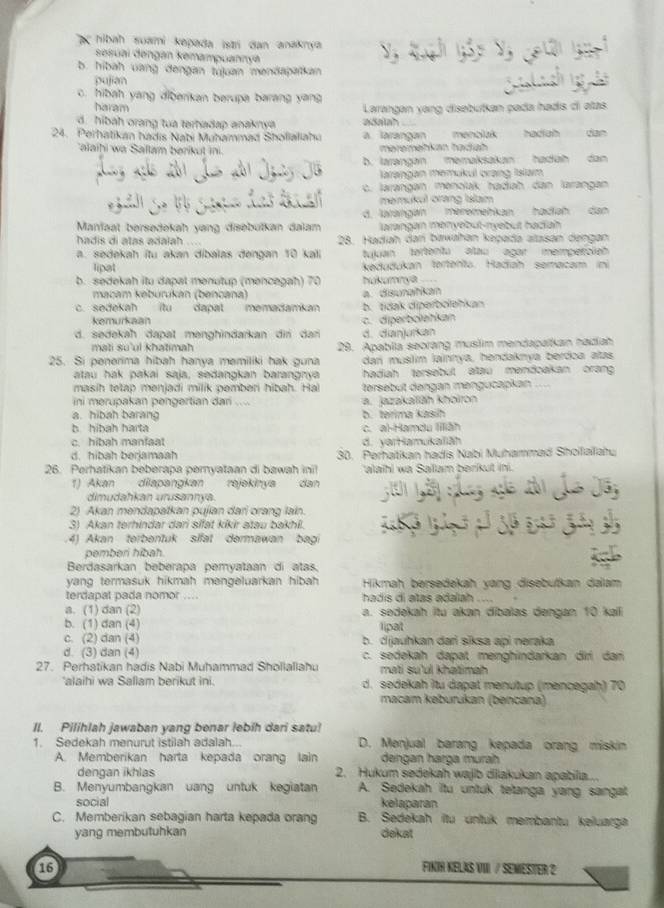 ac hibah suami kepada isai dan anakrya Vị tịh yáp Vý getời luại
sesuai dengan kemampuannya
b. hibah uang dengan tujuan mendapatkan
pujian
S i ta ch 1g 3à
c. hibah yang diberikan berupa barang yang Larangan yang disebutkan pada hads di atas
haram
d. hibah orang tua terhadap anaknya adalah 
24. Perhatikan hadis Nabi Muhammad Sholialiahu a. larangan menoląk hadíah dân
alaihi wa Sallam berikut in  meremehkan hada 
pay nho đhi Jos nhi Igày Jố b. larangan memaksakan hadiah dan
larangan memukul orang Islam
c. larangan ménolak hadah dan larangan
memukul orang Islam
d. larangän mèremehkan hadiah dan
Manfaat bersədekah yang disebüïkan dalam larangan mənyébut-nyəbut hadiah
hadis di atas adalah .   28. Hadah dari bawahan kəçada alasan dengan
a. sedekah itu akan díbalas dengan 10 kal tuluan tartentu atau agar mempercie
lipat kedudukan tortento. Hadiah semacam ini
b. sedekah itu dapal menutup (mencegah) 70  hukumnya 
macam kēburukan (bencana) a. disunahkan
c. sedekah itu dapat memadamkan b. tidak diperbolehkan
kemurkaan
d. sedekäh dapat menghindarkan dir  dan d. danjurkan c. diperbolehkan
mati su'ul khatimah
25. Si penerima hibah hanya memiliki hak guna 29. Apabila seorang musiim mendapakan hadiah
dari muslim lainnya, hendaknya berdoa alas
atau hak pakai saja, sedangkan barangnya hadiah tersebul atau məndoakan orang 
masih tetap menjadi milik pemberi hibah. Hai tersəbüt dəngan məngucapkan 
ini merupakan pengertian dari .... a. jazakaifāh khoiron
a. hibah barang b. terima kasih
h hibah harta C. al-Hamdu Iiliãh
c. hibah manfaat d. yarHamukaliäh
d. hibah berjamaah 30. Perhatikan hadis Nabi Muhammad Shoilailahu
26. Perhatikan beberapa pernyataan di bawah ini! alaihi wa Sallam berkut ini.
1) Akan dilapangkan rejekinya dan  Si L ng đ ti Ás Jã
dimudahkan urusannya.
2) Akan mendapatkan pujian dari orang lain.
3) Akan terhindar dari sifat kikir atau bakhii.
4) Akan terbentuk sifat dermawan bagi
pemberi hibah.
Berdasarkan beberapa pemyataan di atas.
jb
yang termasuk hikmah mengeluarkan hibah  Hikmah bersedekah yang disebutkan dalam
terdapat pada nomor .... hadis di atas adalah
a. (1) dan (2) a. sedekah itu akan dibalas dengan 10 kall
b. (1) dan (4) lipat
c. (2) dan (4) b. djauhkan dar siksa api neraka
d. (3) dan (4) c. sedekah dapat menghindarkan diri dari
27. Perhatikan hadis Nabi Muhammad Shollallahu mati su'ui khatimah
'alaihi wa Sallam berikut ini. d. sedekah itu dapat menutup (mencegah) 70
macam kəburukan (bəncana)
II. Pilihlah jawaban yang benar lebih dari satu!
1. Sedekah menurut istilah adalah... D. Menjual barang kepada orang miskin
A. Memberikan harta kepada orang lain dengan harga murah
dengan ikhlas 2. Hukum sedekah wajib diiakukan apabilia...
B. Menyumbangkan uang untuk kegiatan A. Sedekah itu untuk tetanga yang sangat
social kelaparan
C. Memberikan sebagian harta kepada orang B. Sedekah itu untuk membantu keluarga
yang membutuhkan dekat
16 FIKIR KELAS VII / SEMESIER 2