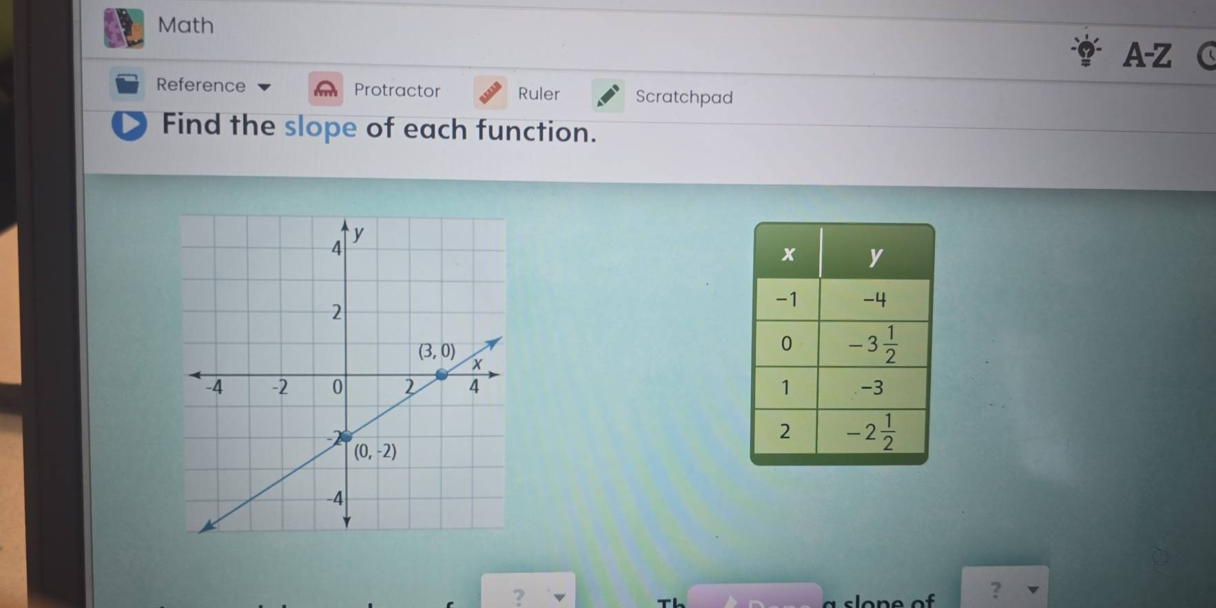 Math
A-Z
Reference Protractor Ruler Scratchpad
Find the slope of each function.
 
?
?