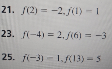 f(2)=-2, f(1)=1
23. f(-4)=2, f(6)=-3
25. f(-3)=1, f(13)=5