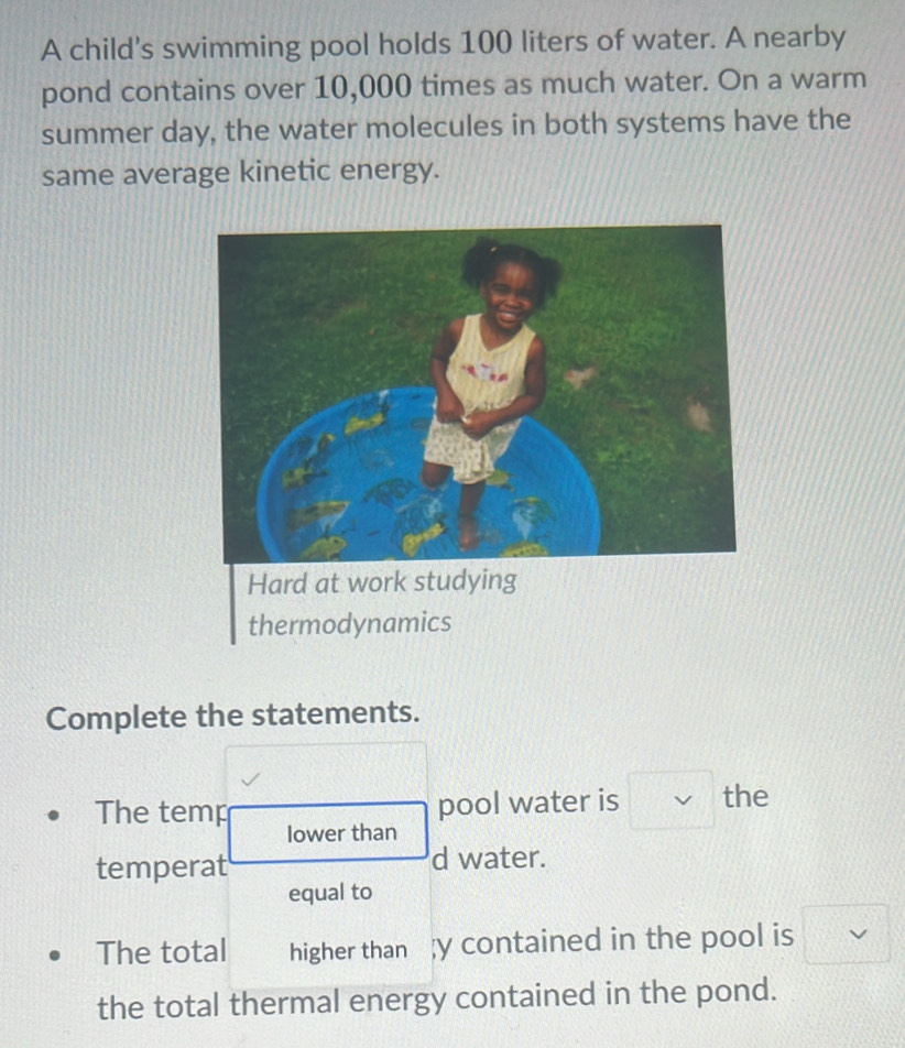 Solved: A child's swimming pool holds 100 liters of water. A nearby ...
