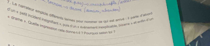 Le narrateur emploie différents termes pour nommer ce qui est arrivé : il parle d'abord 
d'un « petit incident insignifiant », puis d'un « événement inexplicable, bizarre » et enfin d'un 
_ 
_« drame ». Quelle impression cela donne-t-il ? Pourquoi selon toi ?