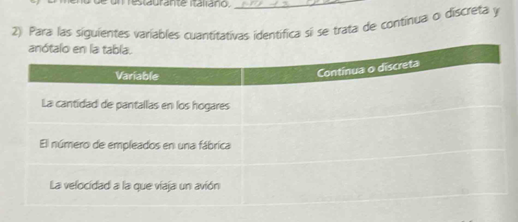 estaurante italiano._ 
2) Para las siguientes variables cuantitativas identífica si se trata de contínua o discreta y