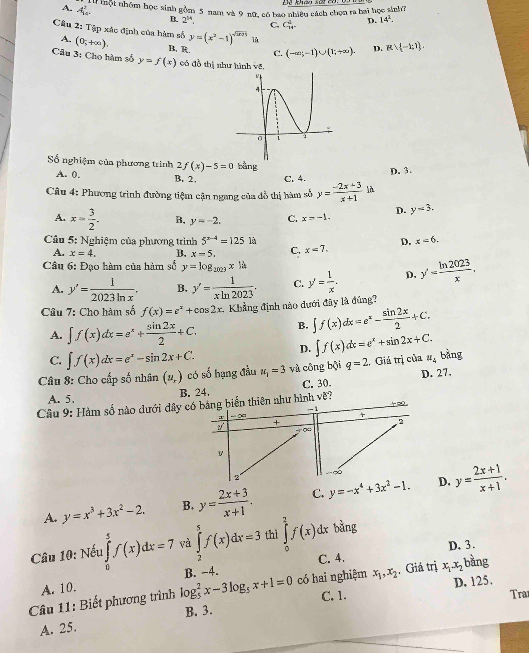 A. A_(14)^2.
L ư một nhóm học sinh gồm 5 nam và 9 nữ, có bao nhiêu cách chọn ra hai học sinh?
B. 2^(14). D. 14^2.
C. C_(14)^2.
Câu 2: Tập xác định của hàm số y=(x^2-1)^sqrt(2023) là
A. (0;+∈fty ).
B. R. D. Rvee  -1;1 .
C. (-∈fty ;-1)∪ (1;+∈fty ).
Câu 3: Cho hàm số y=f(x) có đồ thị như hình vẽ.
Số nghiệm của phương trình 2f(x)-5=0 bằng
A. 0. B. 2.
C. 4. D. 3.
Câu 4: Phương trình đường tiệm cận ngang của đồ thị hàm số y= (-2x+3)/x+1  là
A. x= 3/2 .
D. y=3.
B. y=-2. C. x=-1.
Câu 5: Nghiệm của phương trình 5^(x-4)=125 là D. x=6.
A. x=4. B. x=5.
C. x=7.
Câu 6: Đạo hàm của hàm số y=log _2023x1a
A. y'= 1/2023ln x . B. y'= 1/xln 2023 . C. y'= 1/x .
D. y'= ln 2023/x .
Câu 7: Cho hàm số f(x)=e^x+cos 2x. Khẳng định nào dưới đây là đúng?
A. ∈t f(x)dx=e^x+ sin 2x/2 +C.
B. ∈t f(x)dx=e^x- sin 2x/2 +C.
D. ∈t f(x)dx=e^x+sin 2x+C.
C. ∈t f(x)dx=e^x-sin 2x+C.
Câu 8: Cho cấp số nhân (u_n) có số hạng đầu u_1=3 và công bội q=2. Giá trị của u_4 bằng
D. 27.
A. 5. B. 24. C. 30.
Câu 9: Hàm số nào dưới đây cónhư hình vẽ?
C. y=-x^4+3x^2-1. D. y= (2x+1)/x+1 .
A. y=x^3+3x^2-2. B. y= (2x+3)/x+1 .
Câu 10: Nếu ∈tlimits _0^(5f(x)dx=7 và ∈tlimits _2^5f(x)dx=3 thì ∈tlimits _0^2f(x)dx bằng
D. 3.
B. -4. C. 4.
Câu 11: Biết phương trình log _5^2x-3log _5)x+1=0 có hai nghiệm x_1,x_2 ,Giá trị x_1.x_2 bằng
A. 10.
D. 125.
C. 1. Trai
B. 3.
A. 25.