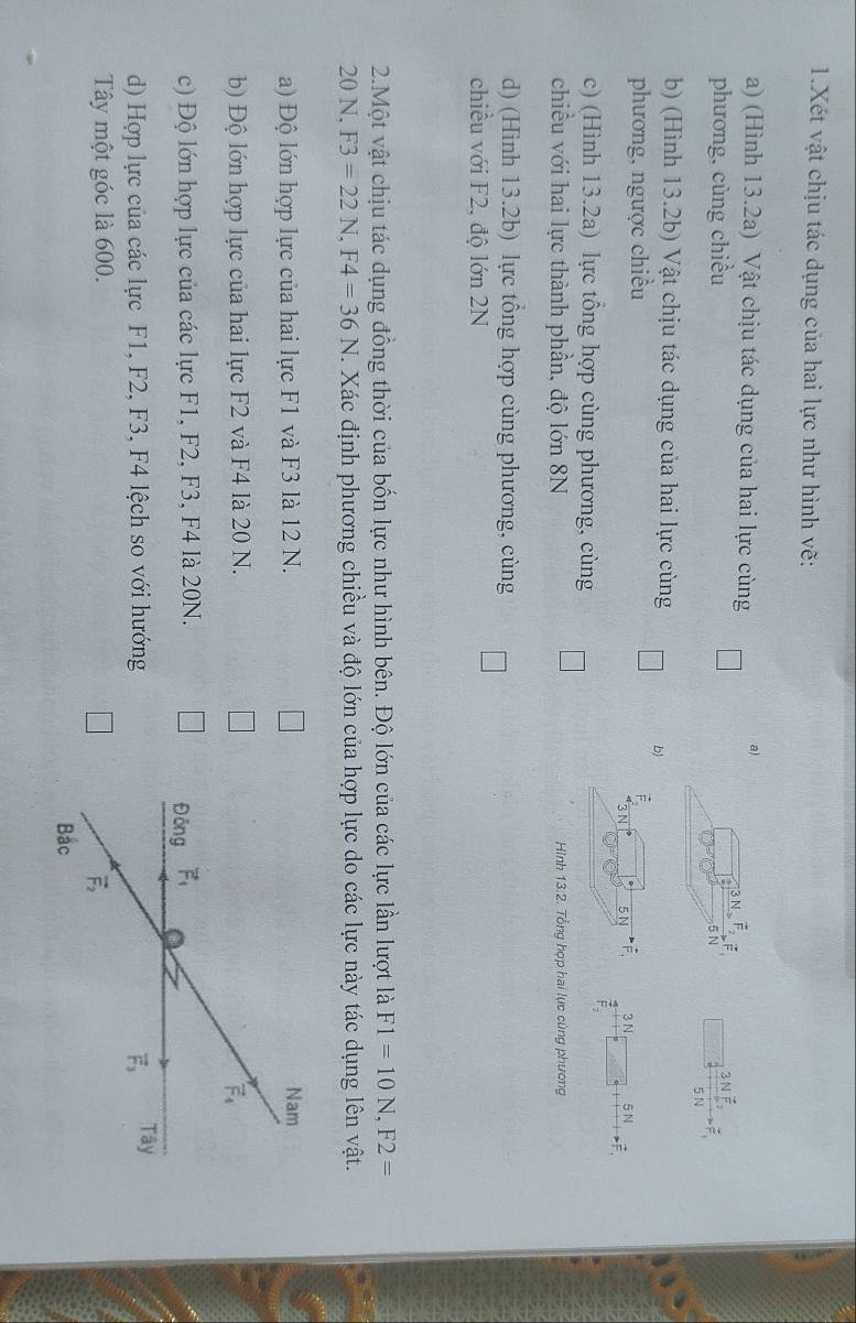 Xét vật chịu tác dụng của hai lực như hình vẽ:
a) (Hình 13.2a) Vật chịu tác dụng của hai lực cùng
a) 3 N vector r
phương, cùng chiều
O'O 5N 2Mvector F
5 N
b) (Hình 13.2b) Vật chịu tác dụng của hai lực cùng
b)
phương, ngược chiều
3N 5N overset .F_1 3N 5N
c) (Hình 13.2a) lực tổng hợp cùng phương, cùng
F_2
chiều với hai lực thành phần, độ lớn 8N  Hình 13.2. Tổng hợp hai lực cùng phương
d) (Hình 13.2b) lực tổng hợp cùng phương, cùng
chiều với F2, độ lớn 2N
2.Một vật chịu tác dụng đồng thời của bốn lực như hình bên. Độ lớn của các lực lần lượt là F1=10N,F2=
20 N. F3=22N,F4=36N. Xác định phương chiều và độ lớn của hợp lực do các lực này tác dụng lên vật.
a) Độ lớn hợp lực của hai lực F1 và F3 là 12 N.
b) Độ lớn hợp lực của hai lực F2 và F4 là 20 N.
c) Độ lớn hợp lực của các lực F1, F2, F3, F4 là 20N. 
d) Hợp lực của các lực F1, F2, F3, F4 lệch so với hướng
Tây một góc là 600.