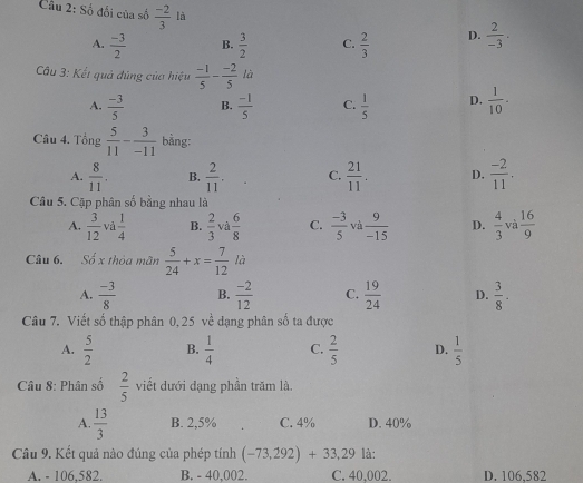 Số đối của số  (-2)/3  là
A.  (-3)/2  B.  3/2  C.  2/3  D.  2/-3 ·
Cầu 3: Kết quả đùng của hiệu  (-1)/5 - (-2)/5  là
A.  (-3)/5  B.  (-1)/5  C.  1/5  D.  1/10 ·
Câu 4. Tổng  5/11 - 3/-11  bằng:
A.  8/11 . B.  2/11 . C.  21/11 . D.  (-2)/11 .
Câu 5. Cặp phân số bằng nhau là
A.  3/12  và  1/4  B.  2/3  và  6/8  C.  (-3)/5  và  9/-15  D.  4/3  và  16/9 
Câu 6. Số x thỏa mãn  5/24 +x= 7/12  là
A.  (-3)/8  B.  (-2)/12  C.  19/24  D.  3/8 .
Câu 7. Viết số thập phân 0,25 về dạng phân số ta được
A.  5/2  B.  1/4  C.  2/5  D.  1/5 
Câu 8: Phân số  2/5  viết dưới dạng phần trăm là.
A.  13/3  B. 2,5% C. 4% D. 40%
Câu 9. Kết quả nào đúng của phép tính (-73,292)+33,29 là:
A. - 106,582. B. - 40,002. C. 40,002. D. 106,582