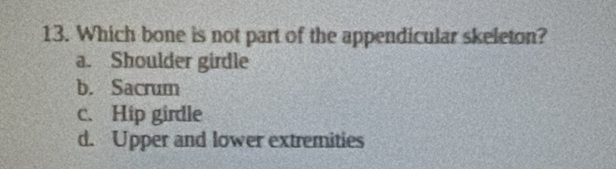 Which bone is not part of the appendicular skeleton?
a. Shoulder girdle
b. Sacrum
c. Hip girdle
d. Upper and lower extremities