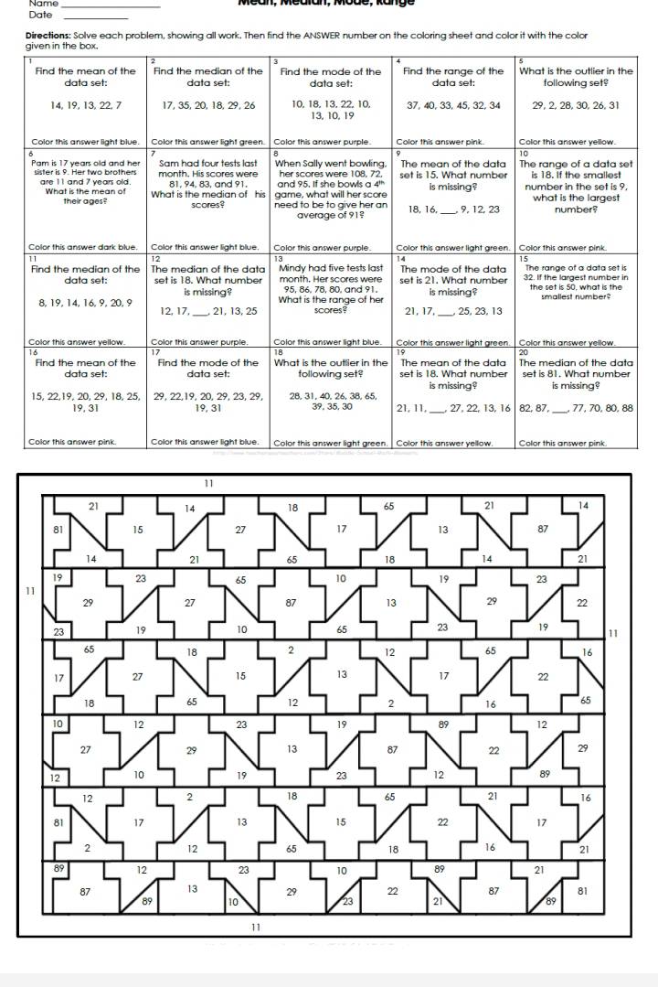 Name 
Date_ 
Directions: Solve each problem, showing all work. Then find the ANSWER number on the coloring sheet and color it with the color 
1