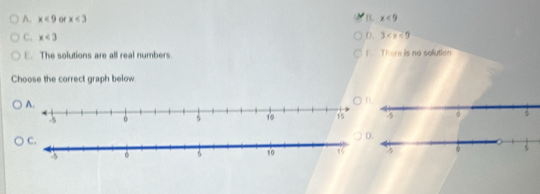 A. x<9</tex> or x<3</tex> B. x<9</tex>
C. x<3</tex> 0. 3
E. The solutions are all real numbers. F. There is no solution
Choose the correct graph below.