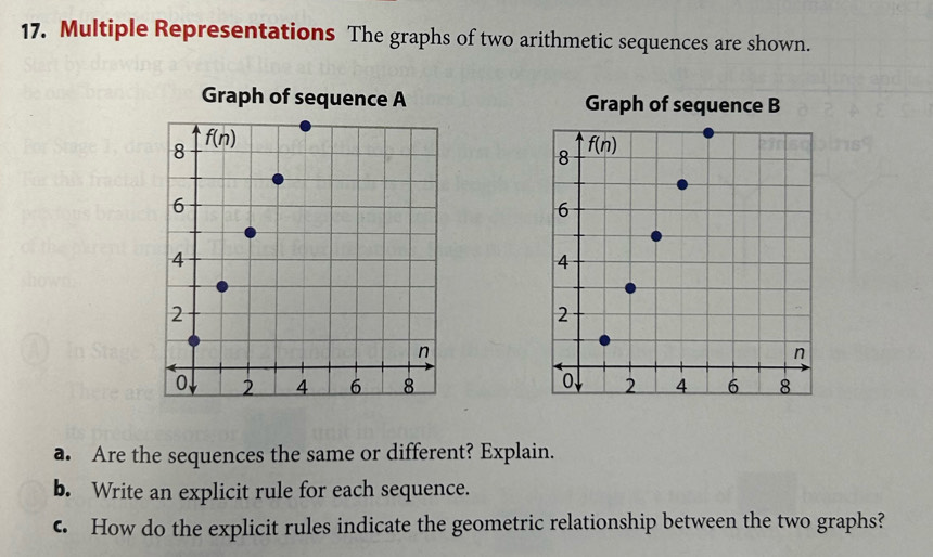 Multiple Representations The graphs of two arithmetic sequences are shown.
Graph of sequence B
8 f(n)
6
4
2
n
o 2 4 6 8
a. Are the sequences the same or different? Explain.
b. Write an explicit rule for each sequence.
c How do the explicit rules indicate the geometric relationship between the two graphs?