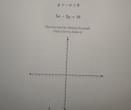 y=-x+6
5x-2y=16
Plot two lines by clicking the graph.
Click a line to delete it.
-10