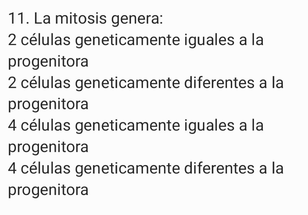 La mitosis genera:
2 células geneticamente iguales a la
progenitora
2 células geneticamente diferentes a la
progenitora
4 células geneticamente iguales a la
progenitora
4 células geneticamente diferentes a la
progenitora