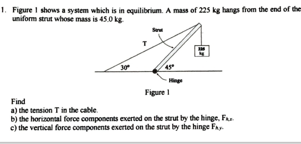 Figure 1 shows a system which is in equilibrium. A mass of 225 kg hangs from the end of the
uniform strut whose mass is 45.0 kg.
Find
a) the tension T in the cable.
b) the horizontal force components exerted on the strut by the hinge, Fh.
c) the vertical force components exerted on the strut by the hinge F.