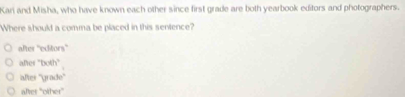 Kan and Misha, who have known each other since first grade are both yearbook editors and photographers.
Where should a comma be placed in this sentence?
after ''editors''
after “both”
after ''grade''
after ''other”