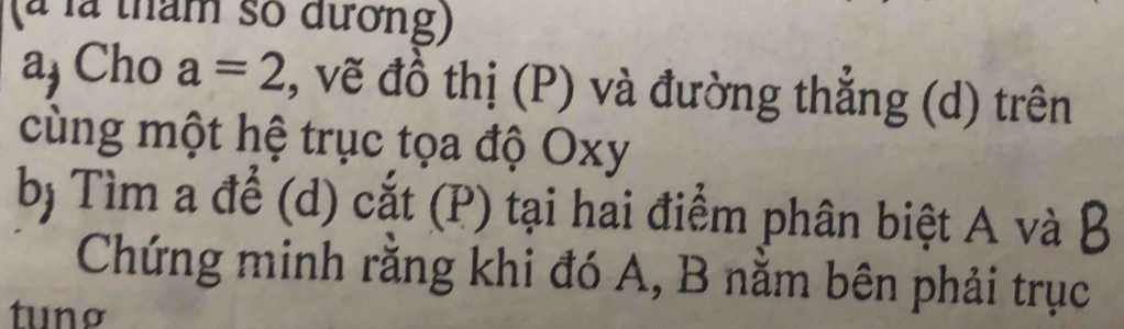 (à là tham số đương) 
a) Cho a=2 , vẽ đồ thị (P) và đường thắng (d) trên 
cùng một hệ trục tọa độ Oxy
bị Tìm a để (d) cắt (P) tại hai điểm phân biệt A và B
Chứng minh rằng khi đó A, B nằm bên phải trục 
tuno