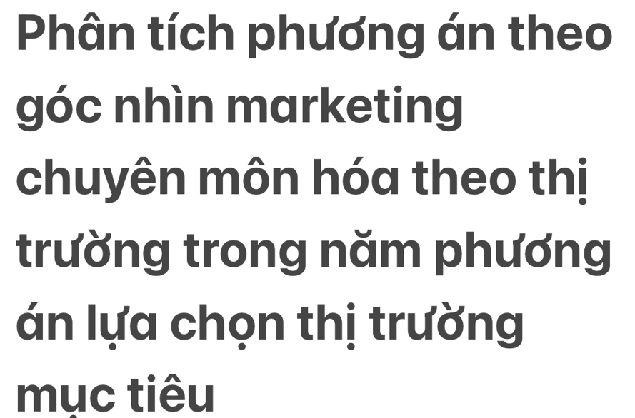 Phân tích phương án theo 
góc nhìn marketing 
chuyên môn hóa theo thị 
trường trong năm phương 
án lựa chọn thị trường 
mục tiêu