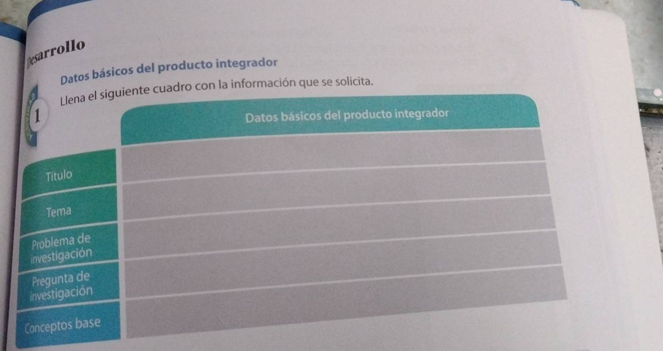 Desarrollo 
Datos básicos del producto integrador 
mación que se solicita.