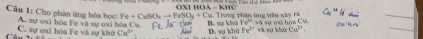 Hoa Phmg V km do bi son mai Vinh Tân (Lê Mão koo 
OXI hOá -KHU 
Câu 1: Cho phản ứng hóa học: Fe+CuSO_4to FeSO_4+Cu. Trong phân ứng trên xảy ra
_
_
A. sự oxi hóa Fe và sự oxi hóa Cu. B. sự khử Fe^(2+)
C. sự oxi hóa Fe và sự khử Cu^(2+) D. sự khử Fe^(2+) và sự oxi hóa Cu. và sự khử Cu^(2+). 
Câu