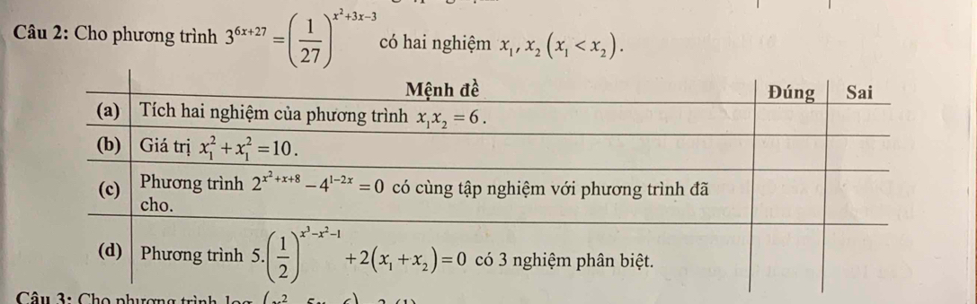 Cho phương trình 3^(6x+27)=( 1/27 )^x^2+3x-3 có hai nghiệm x_1,x_2(x_1
Câu 3: Cho nh