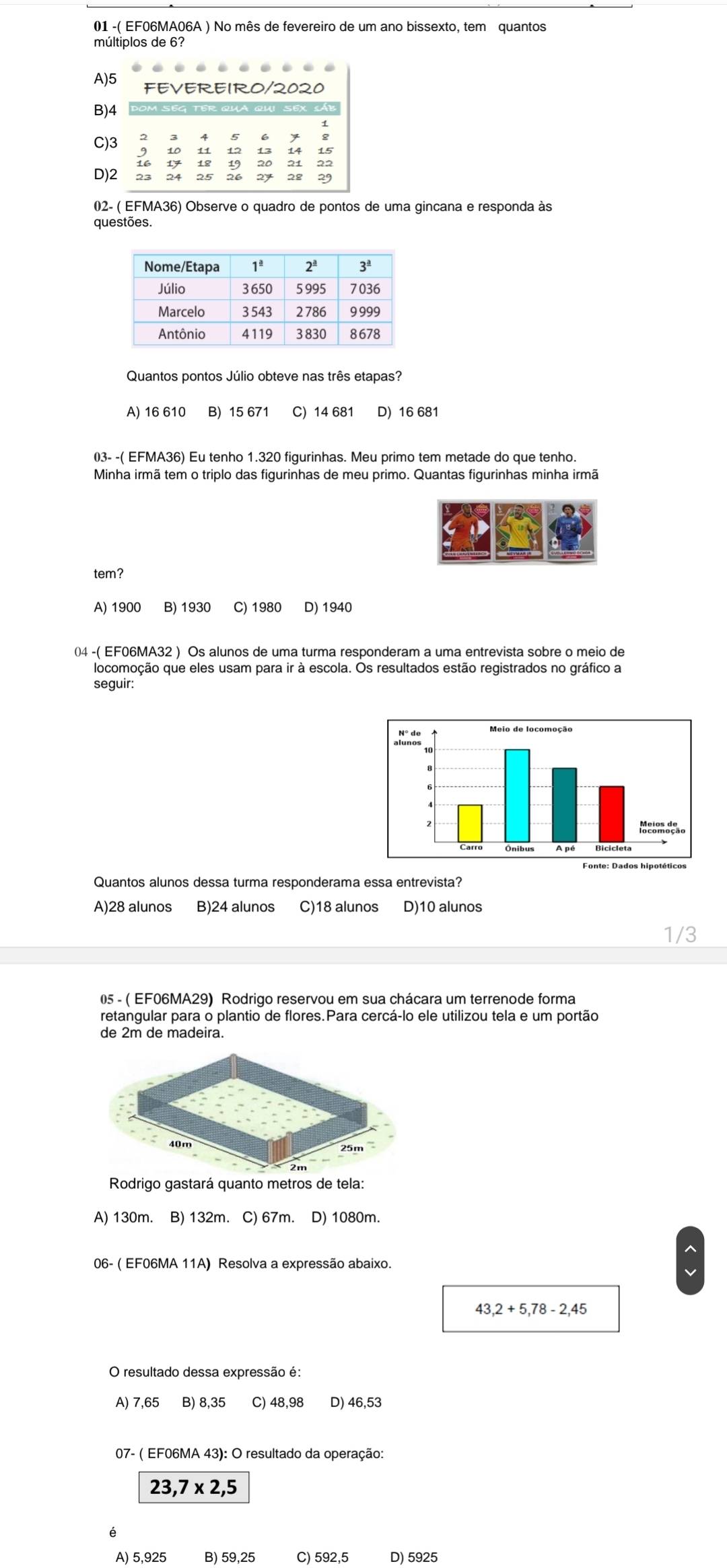01 -( EF06MA06A ) No mês de fevereiro de um ano bissexto, tem quantos
múltiplos de 6?
A)5 FEVEREIRO/2020
B)4
5 7
13 14 15
C)3 9 19 20 21 22
16 18
D)2
27 28 29
02- ( EFMA36) Observe o quadro de pontos de uma gincana e responda às
questões.
Quantos pontos Júlio obteve nas três etapas?
A) 16 610 B) 15 671 C) 14 681 D) 16 681
03- -( EFMA36) Eu tenho 1.320 figurinhas. Meu primo tem metade do que tenho.
Minha irmã tem o triplo das figurinhas de meu primo. Quantas figurinhas minha irmã
tem?
A) 1900 B) 1930 C) 1980 D) 1940
04 -( EF06MA32 ) Os alunos de uma turma responderam a uma entrevista sobre o meio de
locomoção que eles usam para ir à escola. Os resultados estão registrados no gráfico a
seguir:
Quantos alunos dessa turma responderama essa entrevista?
A)28 alunos B)24 alunos C)18 alunos D)10 alunos
/3
05 - ( EF06MA29) Rodrigo reservou em sua chácara um terrenode forma
retangular para o plantio de flores.Para cercá-lo ele utilizou tela e um portão
de 2m de madeira.
Rodrigo gastará quanto metros de tela:
A) 130m. B) 132m. C) 67m. D) 1080m.
06- ( EF06MA 11A) Resolva a expressão abaixo.
4 3,2+5,78-2,45
O resultado dessa expressão é:
A) 7,65 B) 8,35 C) 48,98 D) 46,53
07- ( EF06MA 43): O resultado da operação:
23,7* 2,5
é
A) 5,925 B) 59,25 C) 592,5 D) 5925