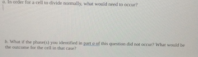 In order for a cell to divide normally, what would need to occur? 
b. What if the phase(s) you identified in part a of this question did not occur? What would be 
the outcome for the cell in that case?