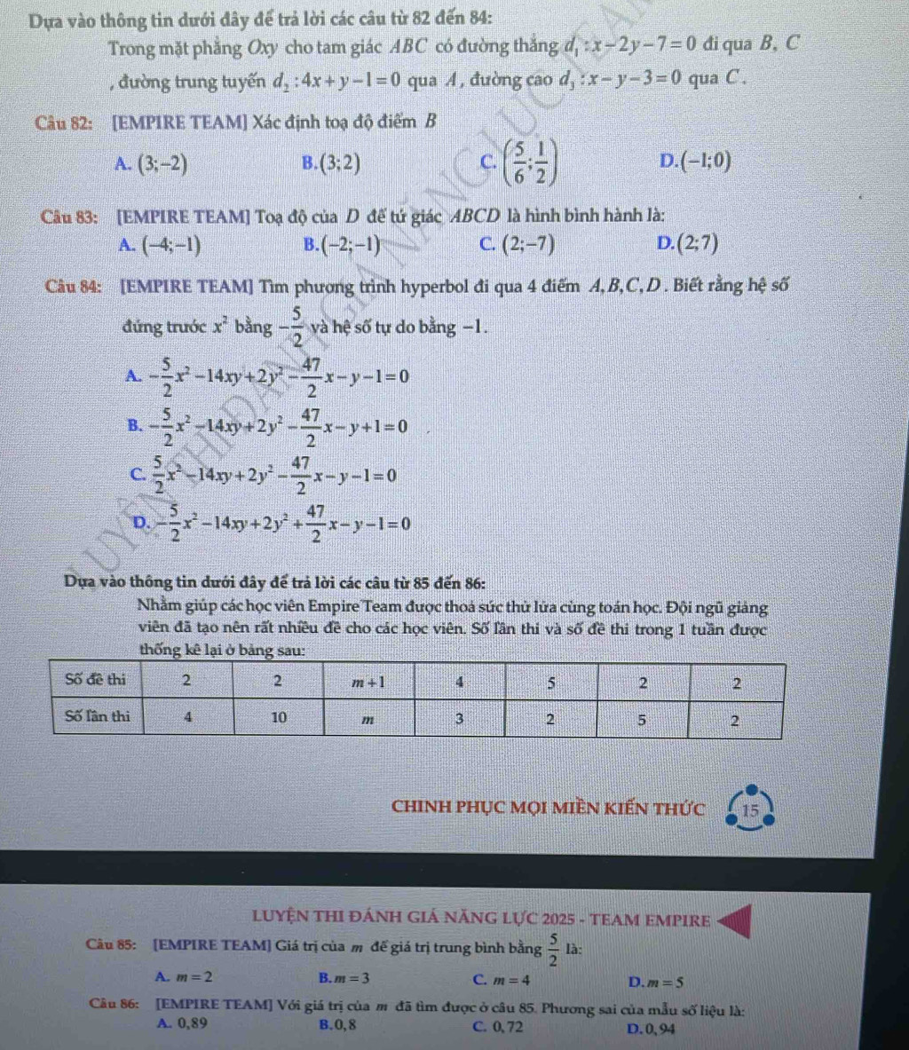 Dựa vào thông tin dưới đây để trả lời các câu từ 82 đến 84:
Trong mặt phẳng Oxy cho tam giác ABC có đường thắng d_1:x-2y-7=0 đi qua B, C
, đường trung tuyến d_2:4x+y-1=0 qua A , đường cao d_3:x-y-3=0 qua C .
Câu 82: [EMPIRE TEAM] Xác định toạ độ điểm B
A. (3;-2) B. (3;2) C. ( 5/6 ; 1/2 ) D. (-1;0)
Câu 83: [EMPIRE TEAM] Toạ độ của D đế tứ giác ABCD là hình bình hành là:
A. (-4;-1) B. (-2;-1) C. (2;-7) D. (2;7)
Câu 84: [EMPIRE TEAM] Tìm phương trình hyperbol đi qua 4 điểm A,B,C,D . Biết rằng hệ số
đứng trước x^2 bằng - 5/2  và hệ số tự do bằng −1.
A. - 5/2 x^2-14xy+2y^2- 47/2 x-y-1=0
B. - 5/2 x^2-14xy+2y^2- 47/2 x-y+1=0
C.  5/2 x^2-14xy+2y^2- 47/2 x-y-1=0
D. - 5/2 x^2-14xy+2y^2+ 47/2 x-y-1=0
Dựa vào thông tin dưới đây để trả lời các câu từ 85 đến 86:
Nhằm giúp các học viên Empire Team được thoá sức thử lửa cùng toán học. Đội ngũ giảng
viên đã tạo nên rất nhiều đề cho các học viên. Số lần thi và số đề thi trong 1 tuần được
thống kê 
chINH PHỤC MọI MIềN KIếN tHức 15
LUYỆN THI ĐÁNH GIÁ NĂNG LỤC 2025 - TEAM EMPIRE
Câu 85: [EMPIRE TEAM] Giá trị của m đế giá trị trung bình bằng  5/2  là:
A. m=2 B. m=3 C. m=4 D. m=5
Câu 86: [EMPIRE TEAM] Với giá trị của m đã tìm được ở câu 85. Phương sai của mẫu số liệu là:
A. 0,89 B.0, 8 C. 0, 72 D. 0, 94