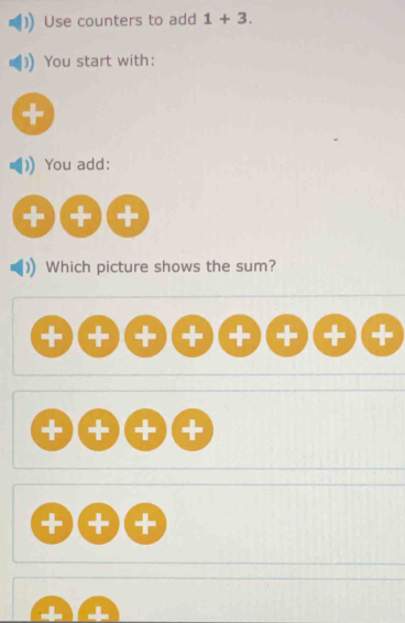 Use counters to add 1+3. 
You start with:
+
You add:
(+) +
Which picture shows the sum?
+)(+)(+)(+)( + )()( +)( +
+)(+)(+)(+
+)(+)(+
-