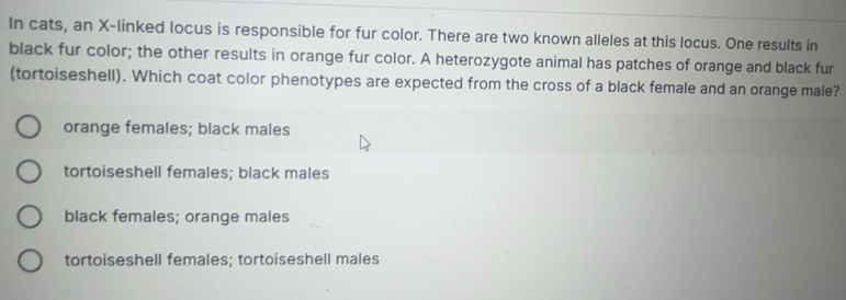 Solved: In cats, an X -linked locus is responsible for fur color. There ...