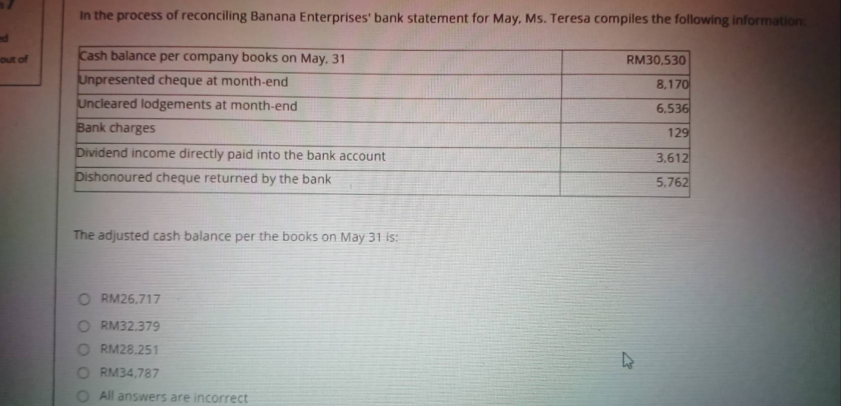 In the process of reconciling Banana Enterprises' bank statement for May, Ms. Teresa compiles the following information:
d
out of
The adjusted cash balance per the books on May 31 is:
RM26,717
RM32,379
RM28,251
RM34,787
All answers are incorrect