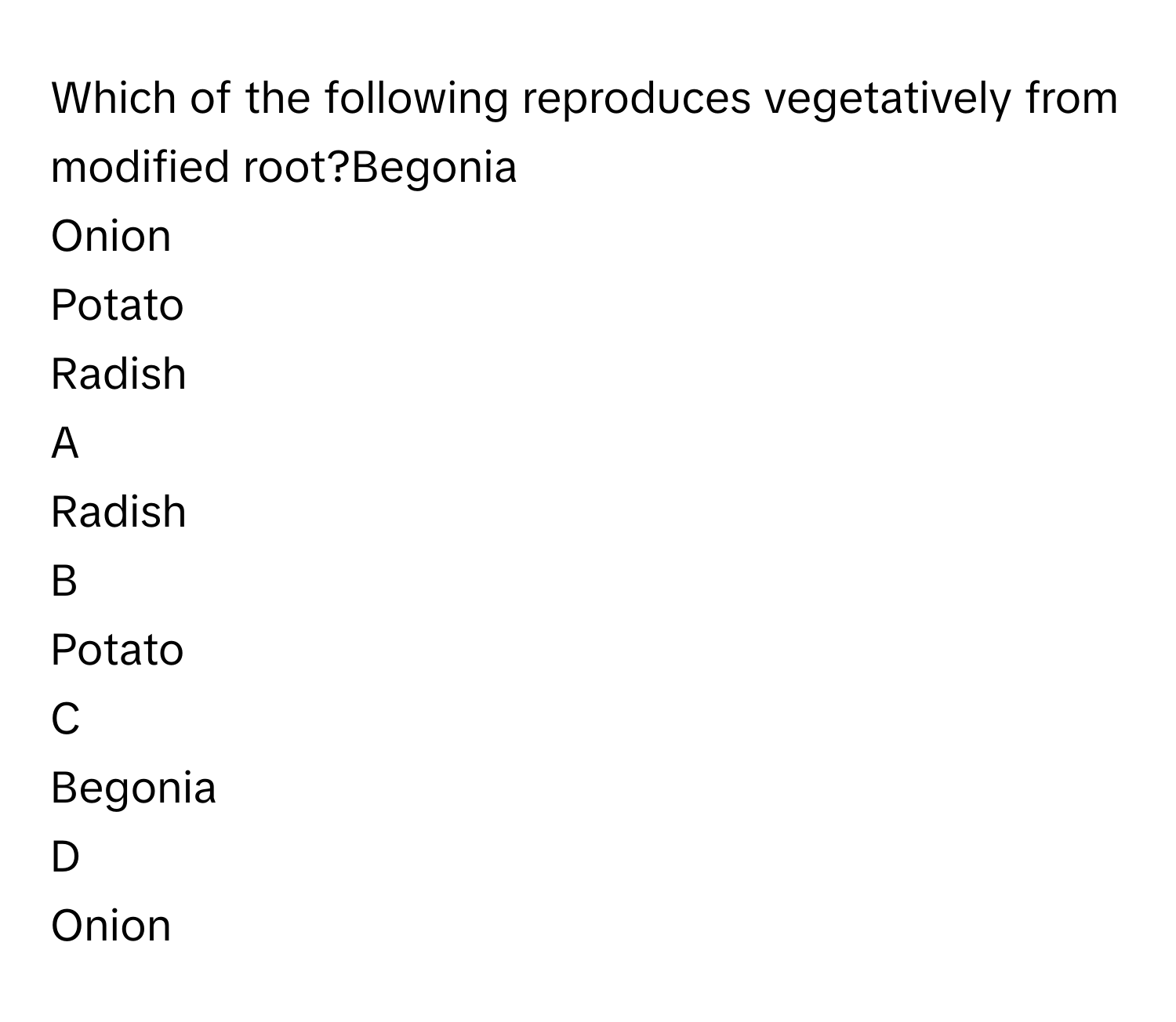 Which of the following reproduces vegetatively from modified root?Begonia
Onion
Potato
Radish

A  
Radish 


B  
Potato 


C  
Begonia 


D  
Onion