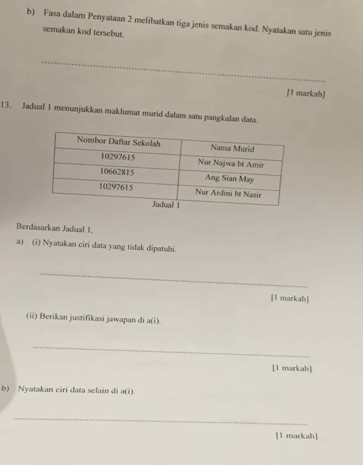 Fasa dalam Penyataan 2 melibatkan tiga jenis semakan kod. Nyatakan satu jenis 
semakan kod tersebut. 
_ 
[1 markah] 
13. Jadual 1 menunjukkan maklumat murid dalam satu pangkalan data. 
Berdasarkan Jadual 1, 
a) (i) Nyatakan ciri data yang tidak dipatuhi. 
_ 
[1 markah] 
(ii) Berikan justifikasi jawapan di a(i). 
_ 
[l markah] 
b) Nyatakan ciri data selain di a(i). 
_ 
[1 markah]