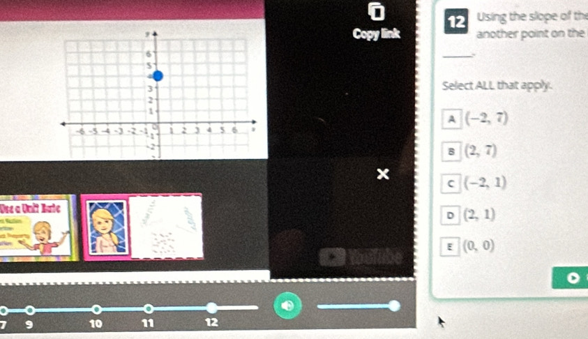 Using the slope of th
Copy link another point on the
_
.
Select ALL that apply.
A (-2,7)
B (2,7)
x (-2,1)
C
Use a Unit Bate
a
D (2,1)
E (0,0)
1