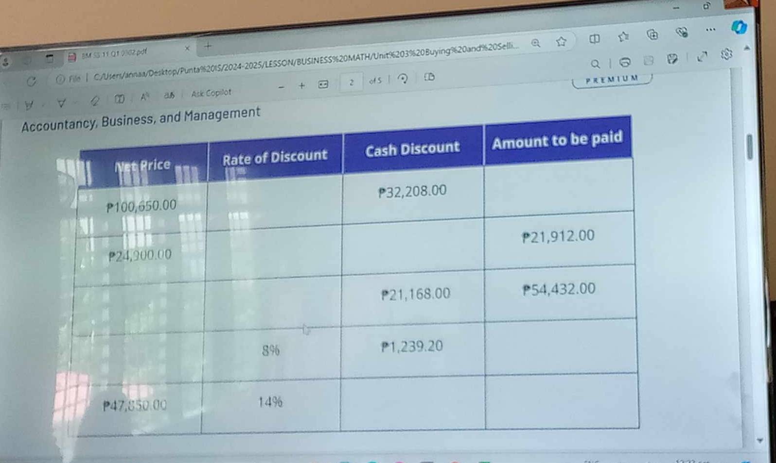 BM SS 11 Q1 0302 pot × + 
File | C./Users/annaa/Desktop/Punta%2015/2024-2025/LESSON/BUSINESS%20MATH/Unit%203%20Buying%20and%20Selli... 
+ 2 of 5 a 
A° Ask Copilot 
Ac