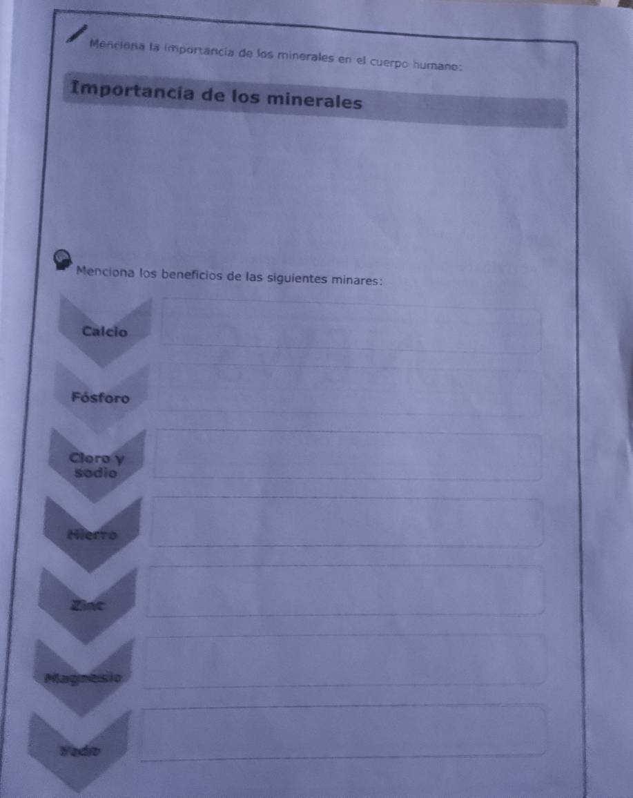 Menciona la importancia de los minerales en el cuerpo humano: 
Importancia de los minerales 
Menciona los beneficios de las siguientes minares: 
Calcio 
Fósforo 
Cloro y 
sodio 
Hierro 
Zist 
Magnesio 
Yedio