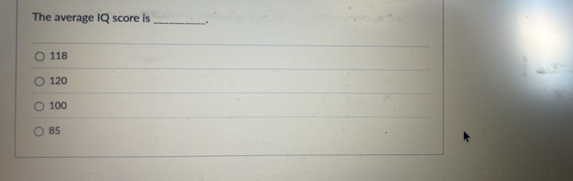 The average IQ score is_
.
118
120
100
85
