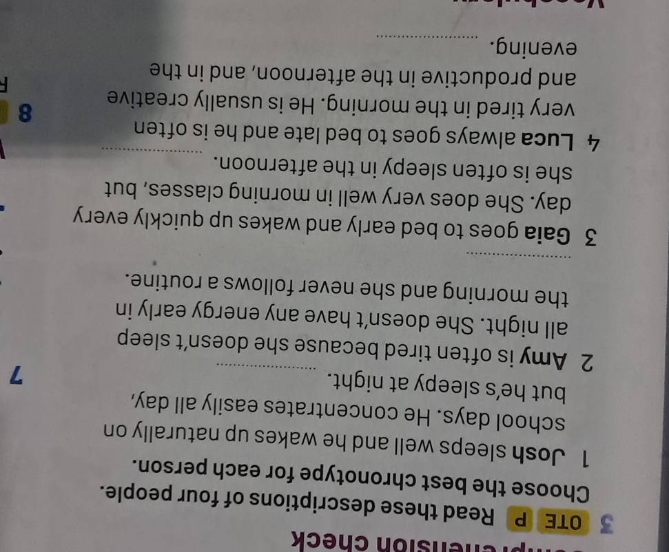 hensión check 
3 OTE P Read these descriptions of four people. 
Choose the best chronotype for each person. 
1 Josh sleeps well and he wakes up naturally on 
school days. He concentrates easily all day, 
_ 
but he's sleepy at night. 
7 
2 Amy is often tired because she doesn’t sleep 
all night. She doesn’t have any energy early in 
the morning and she never follows a routine. 
_ 
3 Gaia goes to bed early and wakes up quickly every
day. She does very well in morning classes, but 
_ 
she is often sleepy in the afternoon. 
4 Luca always goes to bed late and he is often 
8 
very tired in the morning. He is usually creative 
and productive in the afternoon, and in the 
evening._