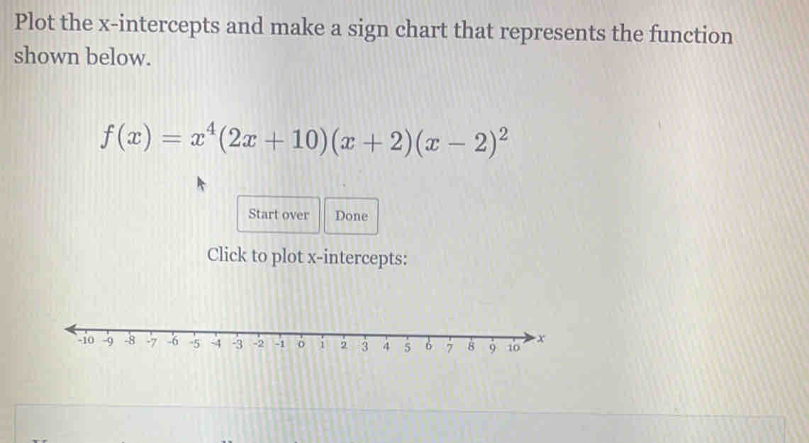 Plot the x-intercepts and make a sign chart that represents the function 
shown below.
f(x)=x^4(2x+10)(x+2)(x-2)^2
Start over Done 
Click to plot x-intercepts: