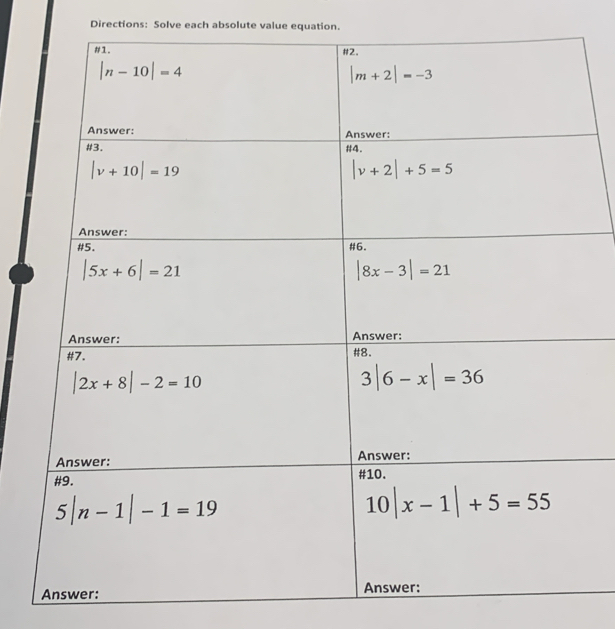 Directions: Solve each absolute value equation.