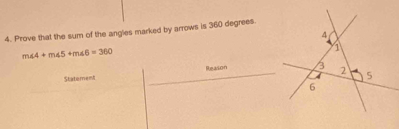 Prove that the sum of the angles marked by arrows is 360 degrees.
m∠ 4+m∠ 5+m∠ 6=360
Reason 
Statement __