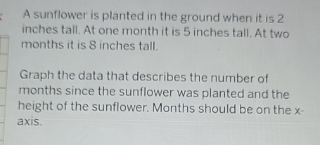 A sunflower is planted in the ground when it is 2
inches tall. At one month it is 5 inches tall. At two
months it is 8 inches tall. 
Graph the data that describes the number of
months since the sunflower was planted and the 
height of the sunflower. Months should be on the x - 
axis.